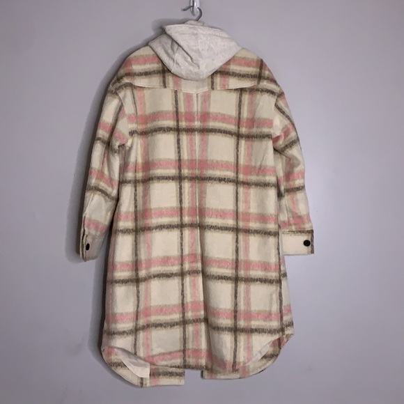 New Avec Les Filles Checked Longline Hooded Shirt Jacket Pink Cream Plaid nwt M - Picture 7 of 9